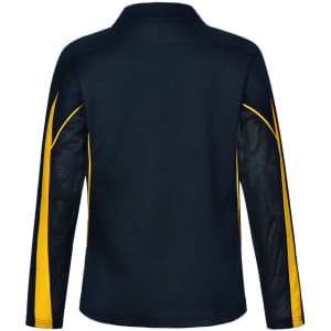 A long sleeve polo shirt in navy with yellow accents and a logo on the back.
