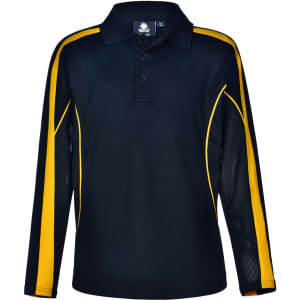 A long sleeve polo shirt in black, featuring yellow accents and a mesh design on the sides. It has a collar and buttons.