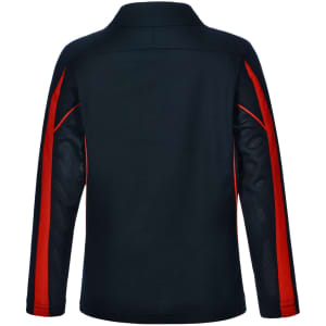 A long sleeve polo shirt in navy blue with red accents and a logo. It has a classic collar and mesh panels.