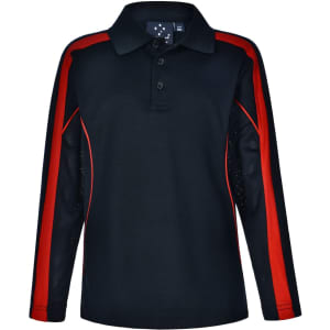 A long sleeve polo shirt in black with red accents and mesh detailing, featuring a collar and buttons.