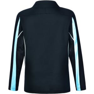 A black long sleeve polo shirt with light blue accents and a logo on the back.