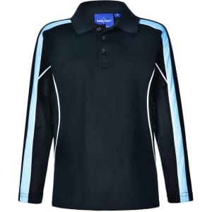 A black long sleeve polo shirt with light blue side panels and a collar, featuring a logo on the label.