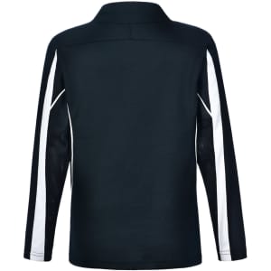A long sleeve polo shirt in black with white panel accents and a logo. Back view showcases the design.