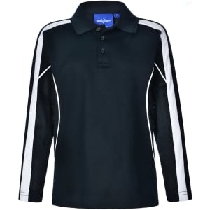 A black long sleeve polo shirt with white side stripes and a collar. Features a logo on the upper section.