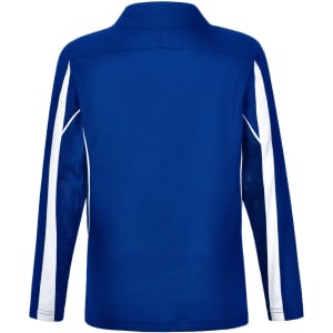 A blue long sleeve polo shirt with white accents and mesh details at the sides. It features a collar and a logo.