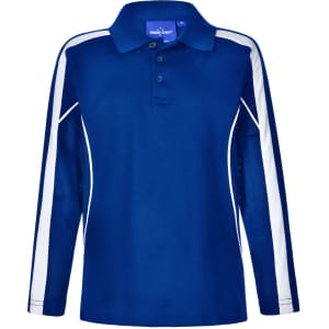 A long sleeve polo shirt in navy blue with white side panels and a collar. It features a branding logo.