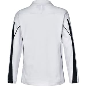 A long sleeve polo shirt in white with black accents and a logo. Back view showing mesh detail.