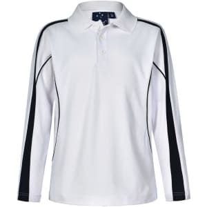 A white long sleeve polo shirt featuring black side panels and a collar, with a logo on the collar.