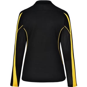 A black long sleeve polo shirt with yellow accents and a logo on the back.