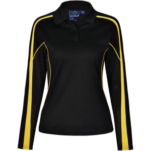 A black long sleeve polo shirt featuring yellow accent stripes and a logo on the chest.