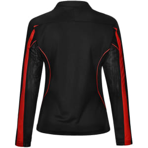 A black long sleeve polo shirt featuring red accents and mesh detailing, with a small logo.