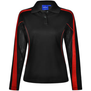 A black long sleeve polo shirt with red accents and mesh detailing, featuring a logo on the front.