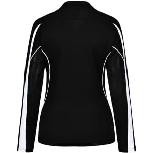 A long sleeve polo shirt in black with white accents, featuring a logo on the back.