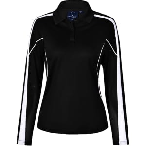 A black long sleeve polo shirt with white detailing and mesh sleeves, featuring a collar and a logo.