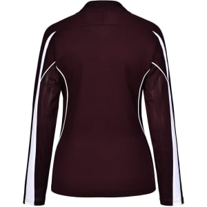 A long sleeve polo shirt in maroon with white side accents and a logo.