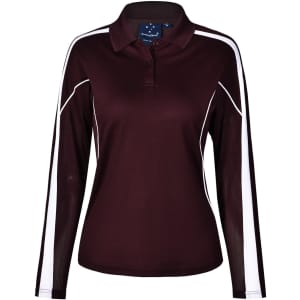 A maroon long sleeve polo shirt with white side panels and a collar. It includes a logo on the chest area.