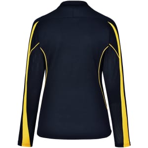 A navy long sleeve polo shirt with yellow side accents and a logo on the back. Features a mesh design.