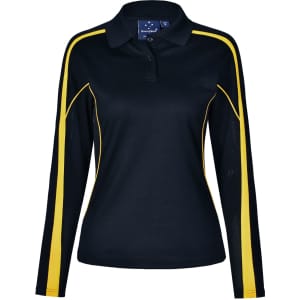 A black long sleeve polo shirt with yellow accents and a logo on the chest.