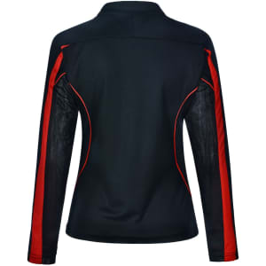A black long sleeve polo shirt featuring red side accents and a mesh design on the sleeves. It has a logo on the front.
