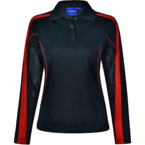 A black long sleeve polo shirt with red accents and mesh side panels, featuring a collar and buttons.