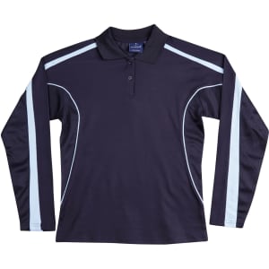 A long sleeve polo shirt in navy blue with light blue side stripes and a collar. The shirt features a logo.