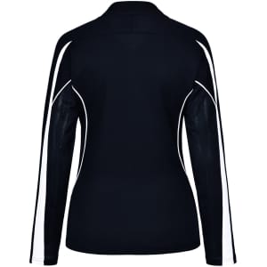 A black long sleeve polo shirt featuring white side panels and a logo on the back.
