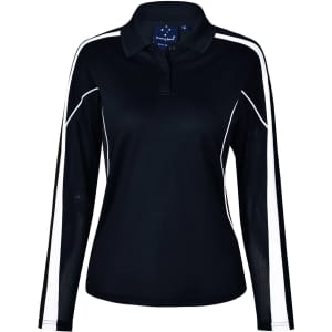 A black long sleeve polo shirt with white side stripes and a collar. Features a logo on the front.