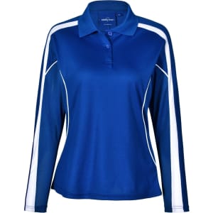A long sleeve polo shirt in royal blue with white stripes and a collar, featuring a logo.