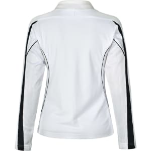 A long sleeve polo shirt in white with black detailing and a mesh back, featuring a logo.