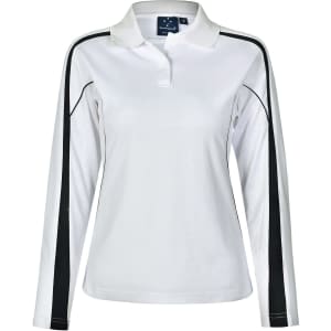 A white long sleeve polo shirt with black side accents and a collar, featuring a logo on the chest area.