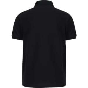 A black men's ultrafine cotton pique polo with a classic polo collar and a logo on the back.