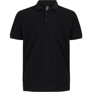A black men's ultrafine cotton pique polo with a collar and three buttons, featuring a logo on the chest.