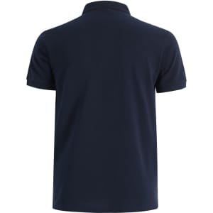 A navy blue men's ultrafine cotton pique polo shirt featuring a classic collar and short sleeves. It has a logo on one side.