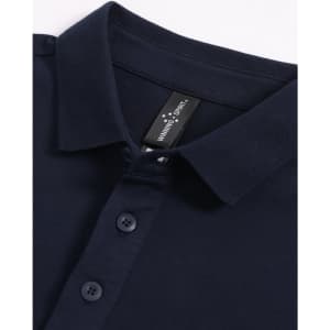 A navy blue men's ultrafine cotton pique polo featuring a classic collar and three button placket. It has a logo.