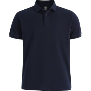 A navy blue men's ultrafine cotton pique polo with a collar and three buttons, featuring a logo.
