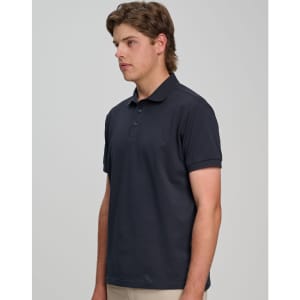 A men's ultrafine cotton pique polo in navy, featuring a classic collar and short sleeves, with a logo displayed.