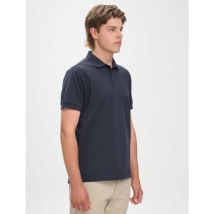 A men's ultrafine cotton pique polo in navy blue, featuring a classic collar and a logo.
