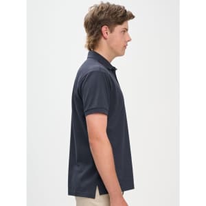 A navy men's ultrafine cotton pique polo with a side view display. The shirt features short sleeves and a raised collar.