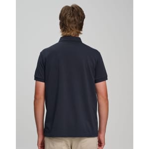 A navy men's polo shirt featuring a classic design and short sleeves, with a logo on the back.