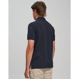 A dark navy men's polo shirt with a classic collar and short sleeves, featuring a logo on the back.