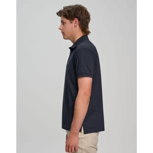 A navy men's ultrafine cotton pique polo shirt displayed on a model in profile view. Features a logo.