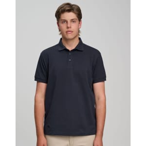 A men's ultrafine cotton pique polo in dark navy, featuring a collar and short sleeves, with a logo on the chest.