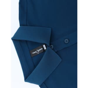 A navy men's ultrafine cotton pique polo with a folded collar and button detail, featuring a label inside.