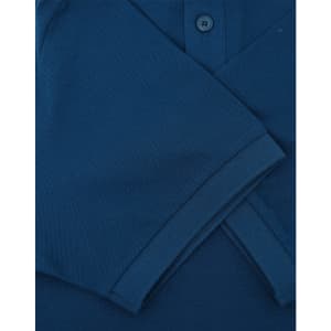 A men's ultrafine cotton pique polo in a deep navy blue, featuring a two-button placket and folded sleeves.