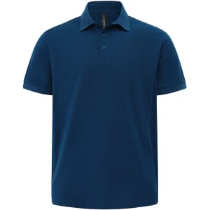 A navy blue men's ultrafine cotton pique polo with a collar and three buttons, featuring a logo.