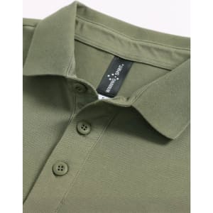 A men's ultrafine cotton pique polo in olive green with a collar and buttons, featuring a branding label.