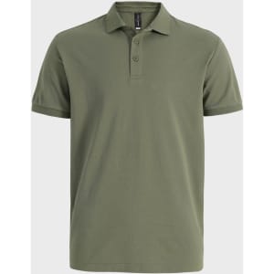 An olive green men's ultrafine cotton pique polo shirt featuring a collar and three buttons, with a logo on the chest.