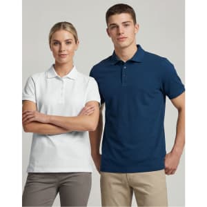 Men's ultrafine cotton pique polo in navy and women's in white, featuring a branding logo on the chest.