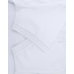A white men's ultrafine cotton pique polo shirt featuring a collar and button placket, with a logo present.