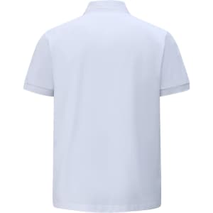 A white men's ultrafine cotton pique polo shirt with short sleeves and a collar, featuring a logo on the back.